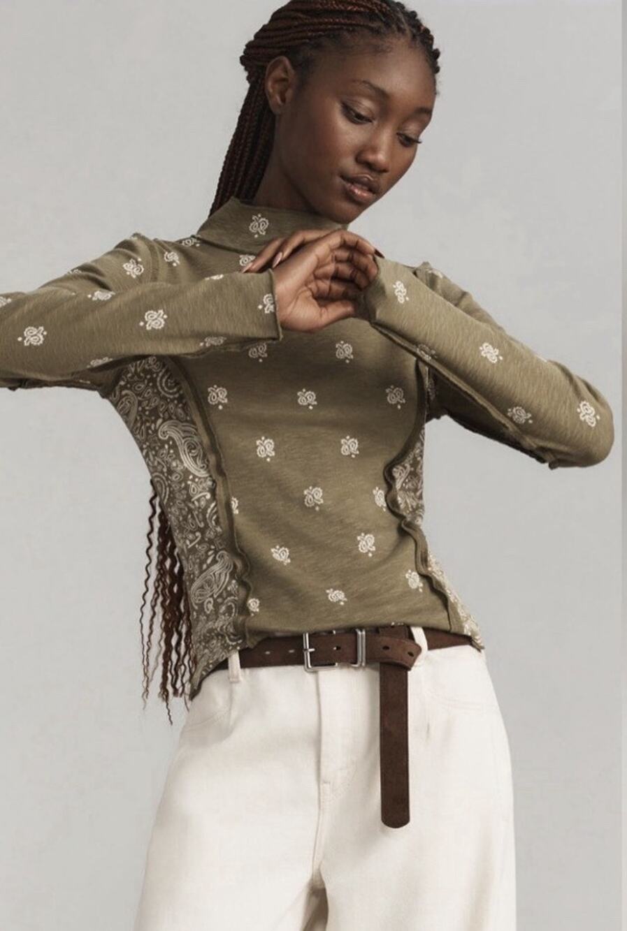 Anthropologie Pilcro Women’s Turtleneck Cotton Slub Green Paisley Blouse Top Sm